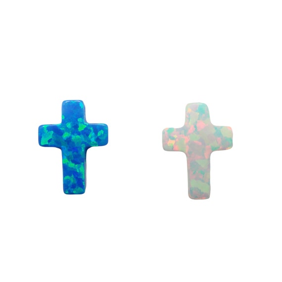 Lab‑Created Opal Cross Pendant Charm – Blue or White 9x12mm Cross Bead, Christian Jewelry Making, Opal Charm for Necklace & DIY Projects