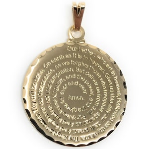 Gold 1-inch Our Father prayer medallion engraved in English or Spanish.
