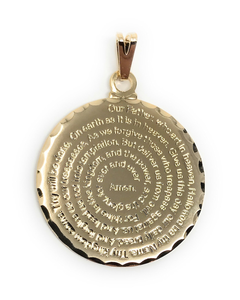 Gold 1-inch Our Father prayer medallion engraved in English or Spanish.