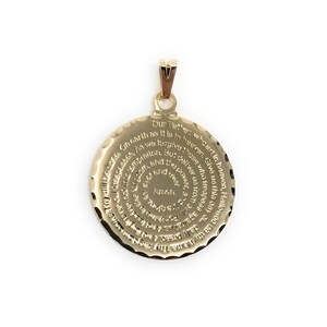 Gold 1-inch Our Father prayer medallion engraved in English or Spanish.