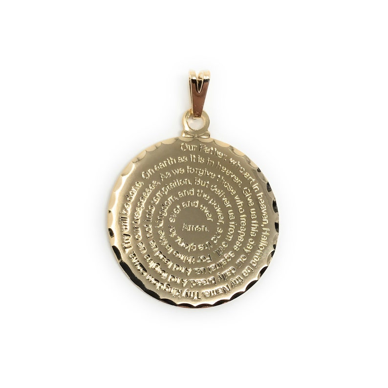 Gold 1-inch Our Father prayer medallion engraved in English or Spanish.