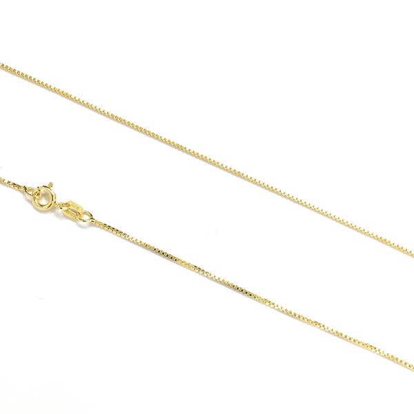 Box Chain Gold Plated Over 925 Sterling Silver 0.8 mm Italy Chain Finished Necklace Diamond Cut. Available in 16",18",20", 22" and 24 inches