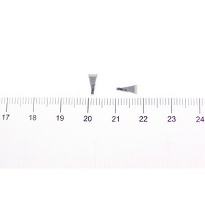 Puede incluir: Dos peque&ntilde;os hallazgos met&aacute;licos plateados con forma triangular y parte superior blanca. Los hallazgos est&aacute;n colocados sobre una superficie blanca junto a una regla, con marcas en cent&iacute;metros.