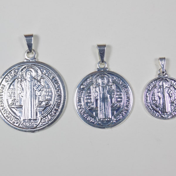 Saint Benedict Medal Double Sided Pendant Silver Plated, St. Benedict Catholic Pendant Reversible Charm, Medalla de San Benito