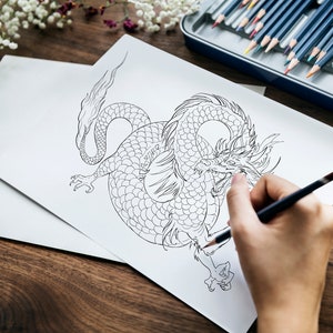 BOSOZOKU Coloring Book Page Chinese Dragon Digital Download Print Wall Art Asian Japan Dragon Digital Drawing Sketch Fantasy Clip Art Png