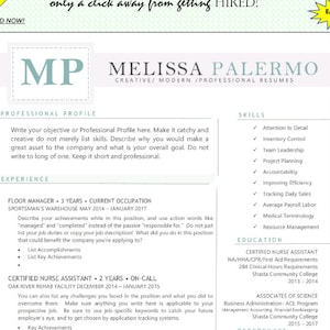 May include: A green and white resume template with the text "UPDATED MODERN RESUME TEMPLATES" and "only a click away from getting HIRED!" in yellow. The template is designed for Melissa Palermo, a creative and modern professional resume writer. The resume includes sections for professional profile, experience, skills, education, and references.