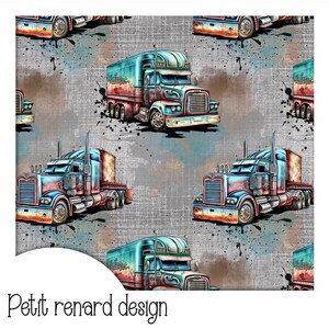 May include: A repeating pattern featuring colorful semi-trucks with teal, red, and blue hues. The trucks are set against a gray background with paint splatter accents. The text "Petit renard design" is at the bottom.
