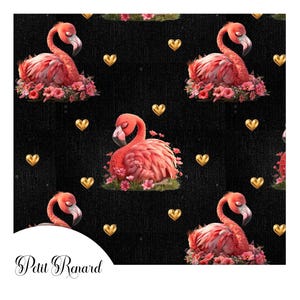 Peut inclure: Motif répété avec des flamants roses nichés dans des fleurs et des cœurs dorés sur fond noir. Les flamants ont les yeux fermés et sont entourés de fleurs roses et rouges. Le texte "Petit Renard" est dans le coin inférieur gauche.
