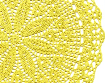 Handmade Crochet Doily, Yellow Cotton Lace, 15" Round