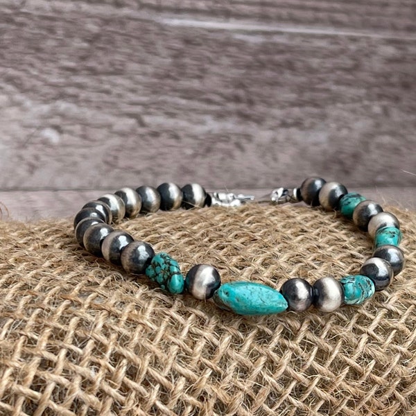 Navajo Pearl Bracelet, oxidized raw sterling silver with Turquoise beads, Navajo pearls, Navajo jewelry, sterling silver Bracelet