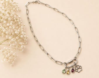 Silver Bloom Silver Modern Charm Link Necklace, Paperclip Chain Carabiner Pendant with Charms