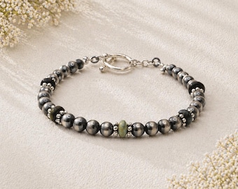 Desert Bloom Collection | Sterling Silver Navajo Pearl Bracelet with Turquoise | Handmade Southwestern Jewelry