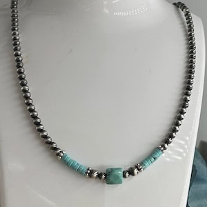 Navajo pearls and turquoise necklace, sterling silver beads and sterling silver finishings