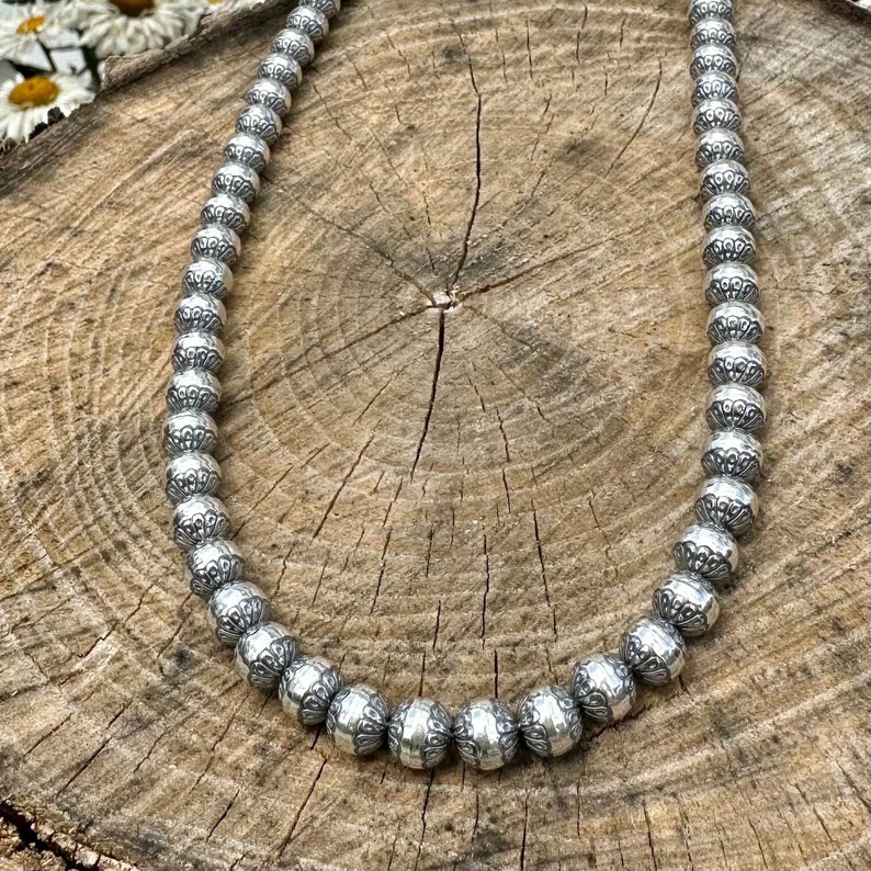 Navajo Pearl Necklace, 6 mm Patterned sterling silver beads. image 4