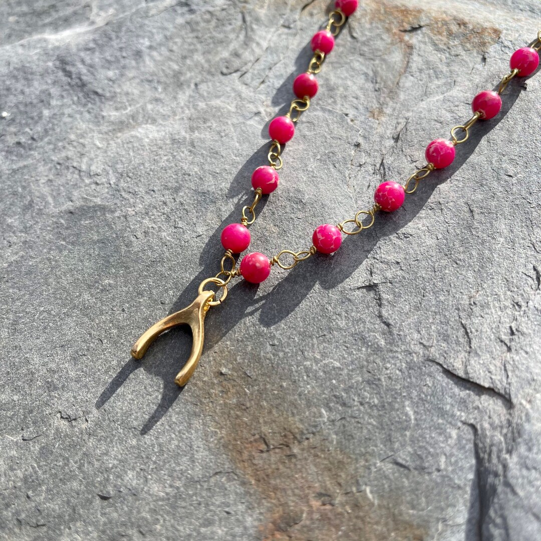 Pink Beaded Choker Necklace With Gold Wishbone Pendant, Rosary Beads