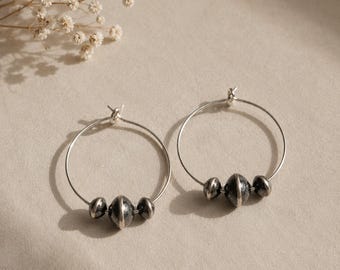 Silver Bloom Sterling Silver Navajo Pearl Hoop Earrings, Saucer Beaded Hoops