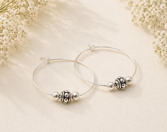 Sterling Silver Beaded Hoop Earrings – Silver Bloom Collection, Minimalist Silver Hoops, Dainty Everyday Earrings