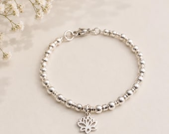 Silver Bloom Sterling Silver Beaded Anklet with  Charm