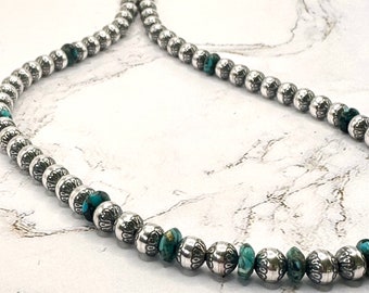 Navajo Pearl Necklace, 6 mm Patterned sterling silver beads.