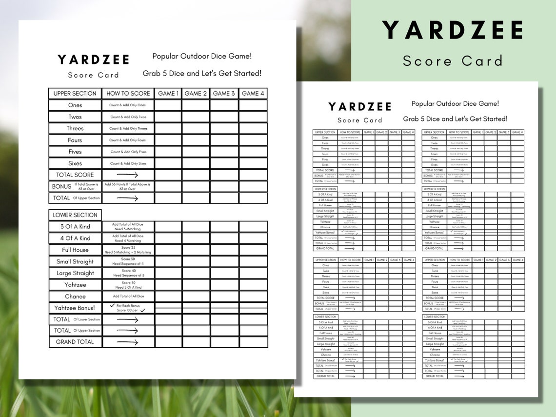 Yardzee Score Card Printable Score Card Yahtzee Yardzee | Etsy
