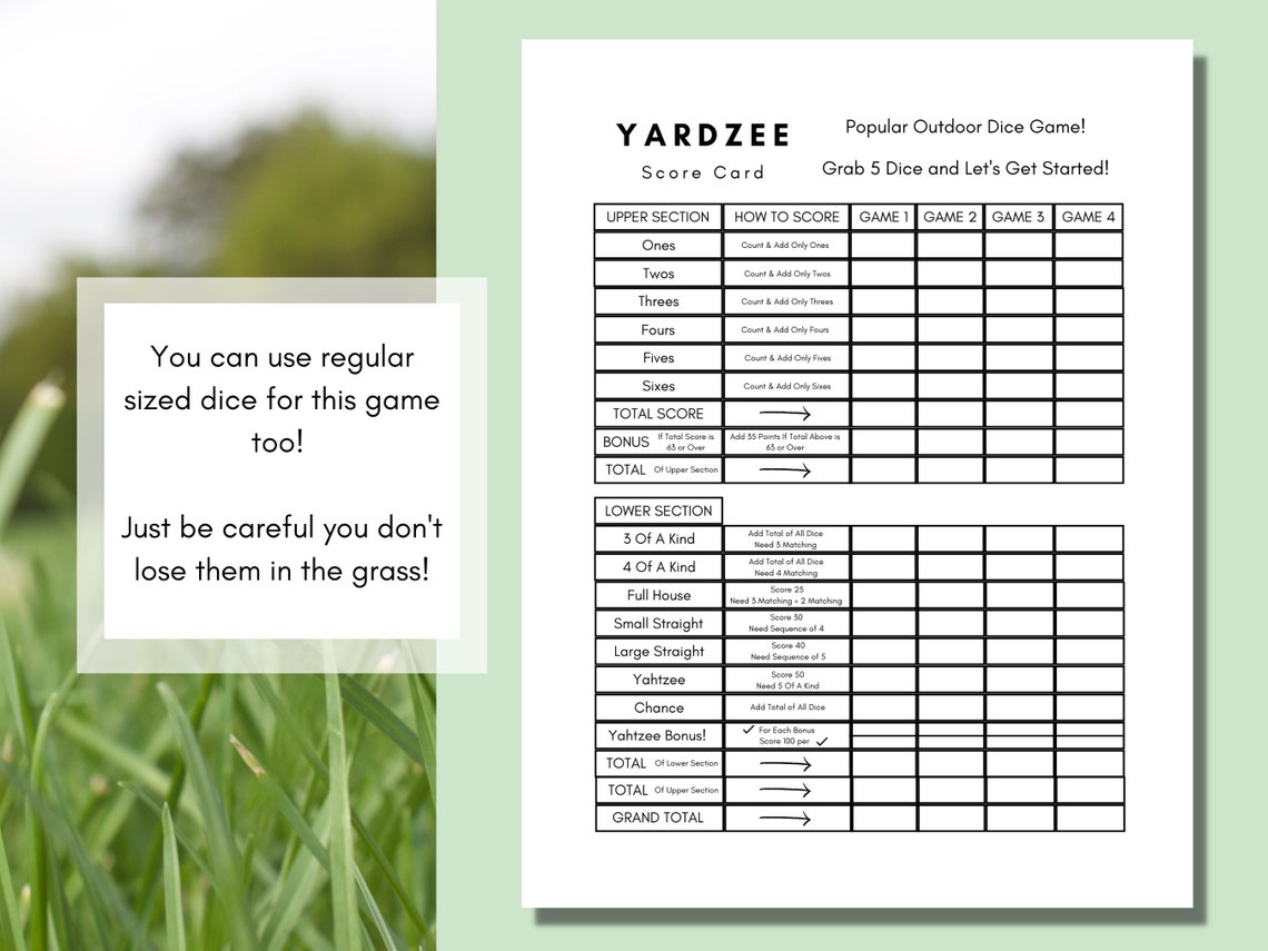 Yardzee Score Card Printable Score Card Yahtzee Yardzee | Etsy