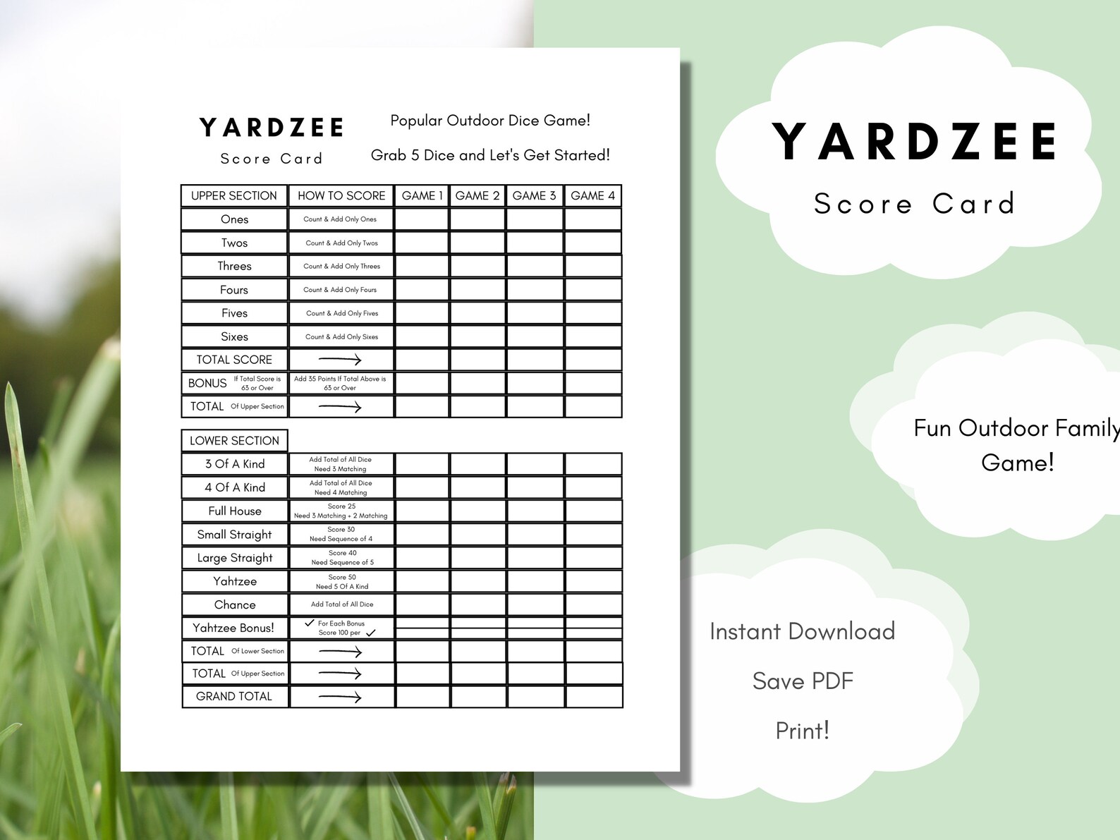 Yardzee Score Card Printable Score Card Yahtzee Yardzee | Etsy