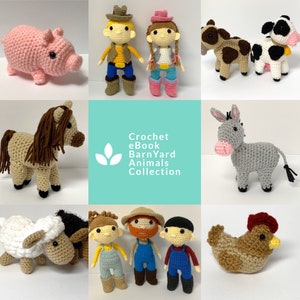 May include: A collection of crocheted barnyard animals, including a pig, horse, cow, donkey, chicken, and sheep. The animals are all in different colors and have cute faces. The image also includes a title that says "Crochet eBook BarnYard Animals Collection".