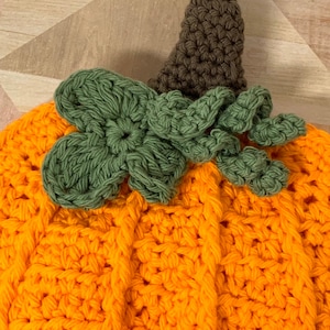 May include: A crocheted pumpkin decoration with a brown stem and green leaves. The pumpkin is orange and has a textured surface.