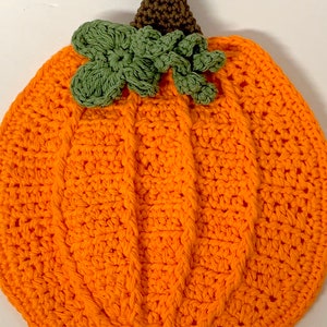 May include: A crocheted orange pumpkin with a green crocheted stem and leaves.