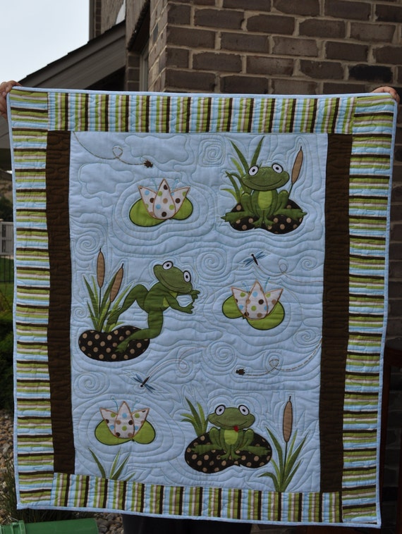 Baby Quilt Boy Quilt Frog Frogs in the Pond Light Blue Etsy