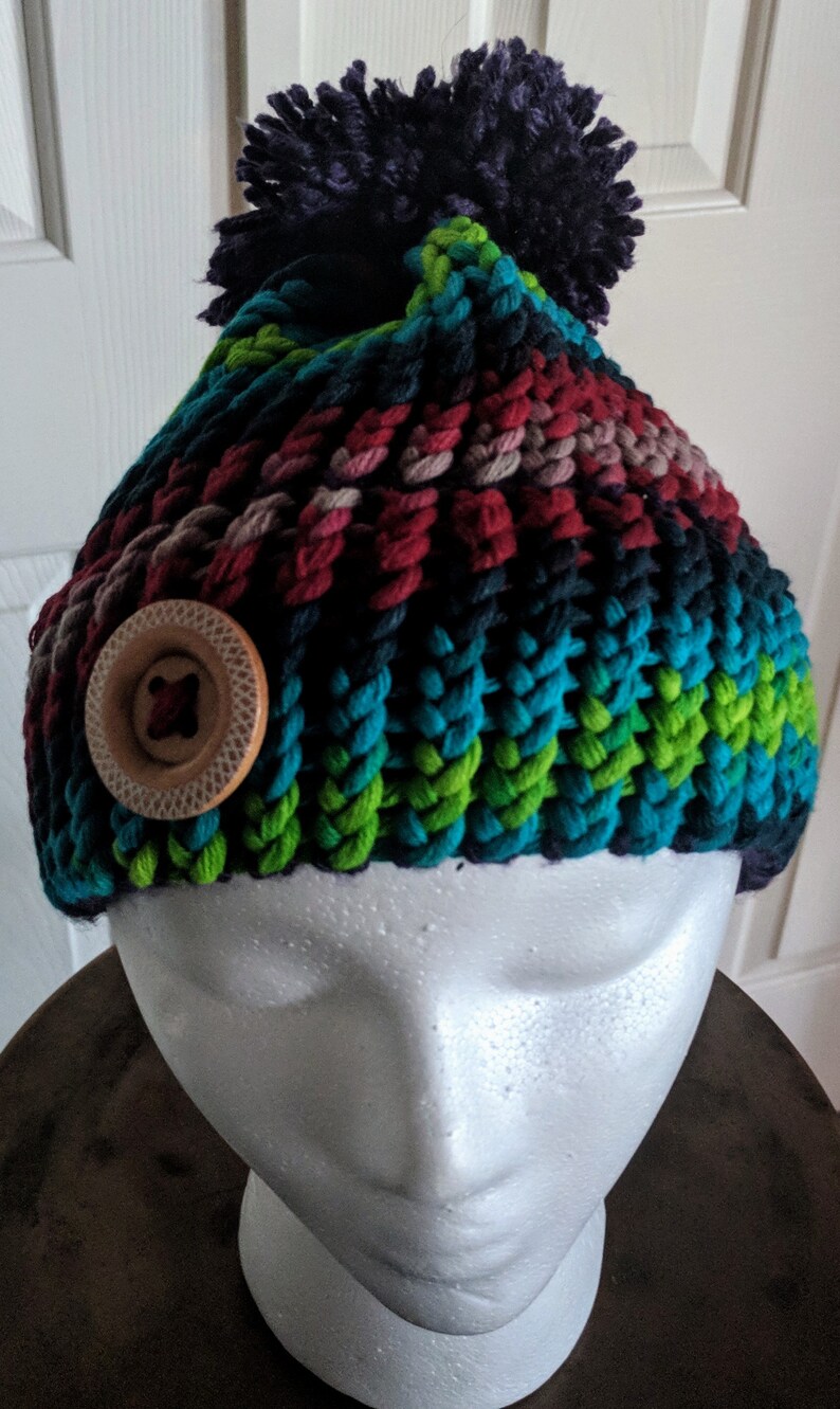 Multicolored Beanie with Purple Pom Pom