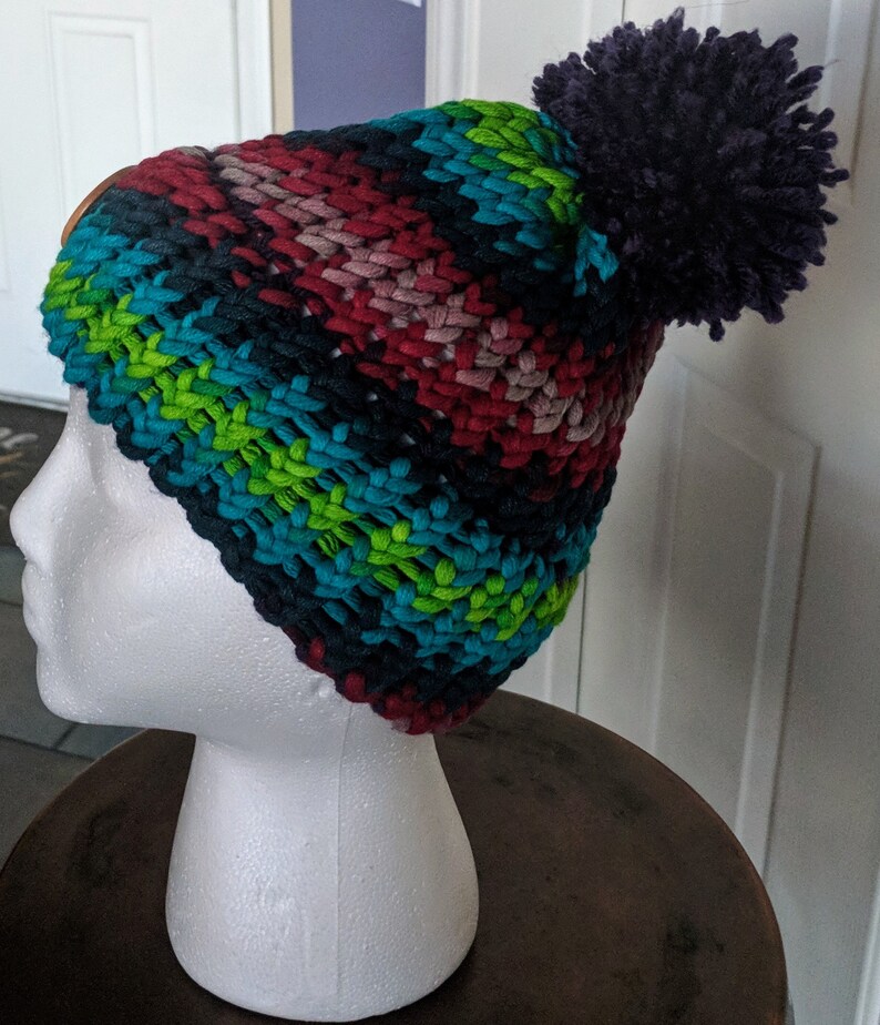 Multicolored Beanie with Purple Pom Pom