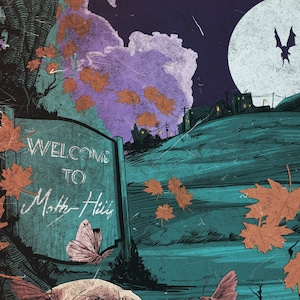 Könnte beinhalten: Ein Comic-Cover mit einem dunklen, gruseligen und mysteriösen Thema. Das Cover zeigt einen Schädel, eine Fledermaus, einen Mond und ein Schild mit der Aufschrift "Willkommen in Moth Hill". Der Titel des Comics lautet "Moth Hill #1".