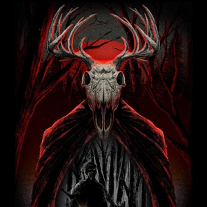 May include: A red and black illustration of a creature with antlers and a skull-like face. The creature is standing in a dark forest with a red moon in the background. The text "WENDIGO WOOD" is written in red at the bottom of the image.