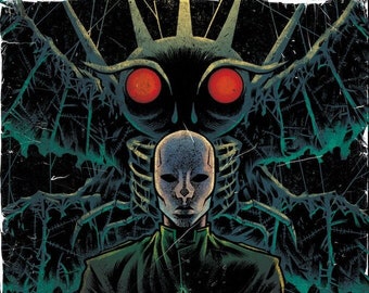 Könnte beinhalten: Comic-Cover-Art für "Moth Hill #2" mit einer maskierten Figur in einer grünen Jacke, die ein Buch hält, mit einer dunklen Kreatur und einer Kirchen-Silhouette im Hintergrund. Die Farbpalette ist dunkel mit grünen und roten Akzenten.