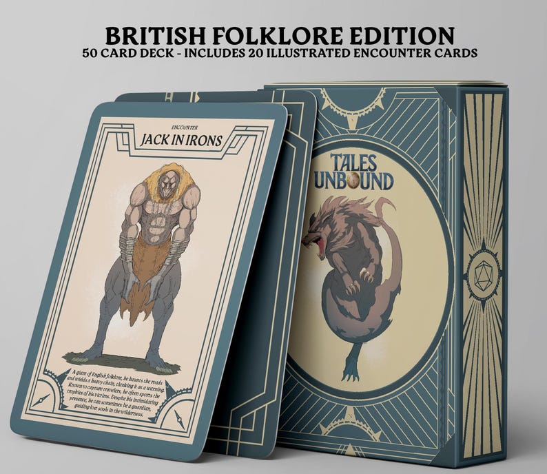 Tales Unbound British Folklore Edition writing prompt card deck for D&D, RPGs, and storytelling.