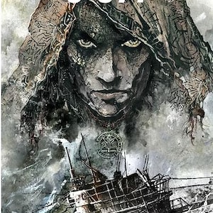 May include: Comic book cover art for "The Passenger of the U-977." The image features a detailed, stylized portrait of a person with intense eyes, a pendant, and a submarine in a stormy sea. The title is prominently displayed.