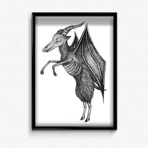 May include: Black and white line drawing of a goat-like creature with bat wings. The creature is standing on its hind legs with its wings spread out behind it. The drawing is framed in a black frame.
