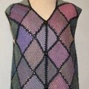 May include: A sleeveless vest with a diamond pattern in shades of purple, blue, and gray. The vest is crocheted and has a button closure.