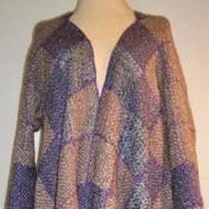 May include: A long-sleeved, open-front cardigan with a geometric pattern in shades of purple, brown, and gray.