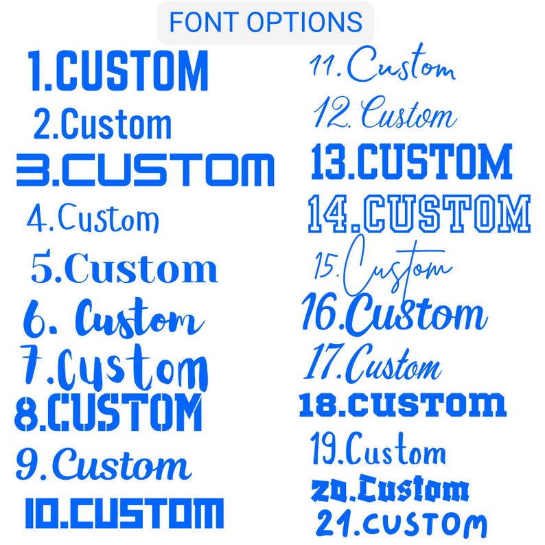 Pode incluir: Uma tabela intitulada FONT OPTIONS exibindo vinte e um exemplos numerados da palavra Custom em v&aacute;rias tipografias azuis. A lista inclui uma variedade de estilos de letras serifadas, sem serifa, manuscritas, em bloco e decorativas.