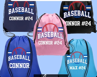 May include: Five drawstring backpacks in navy, black, pink, royal blue, and light blue. Each bag features a graphic of a red baseball with white stitching, the word BASEBALL, and personalized text including names like CONNOR or MAX and #24.
