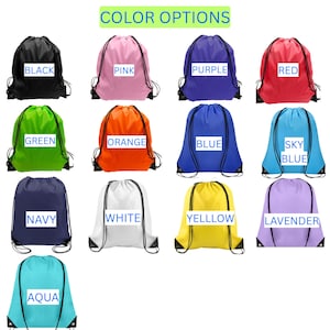 May include: A collection of thirteen drawstring bags in various colors including black, pink, purple, red, green, orange, blue, sky blue, navy, white, yellow, lavender, and aqua. Each bag features black cords and a white label with the color name.