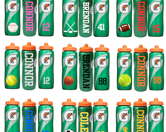 May include: A collection of green plastic sports water bottles with orange caps, each featuring the Gatorade logo, a sports-themed graphic, a personalized name, and a jersey number, displayed in front, side, and back views for each design.