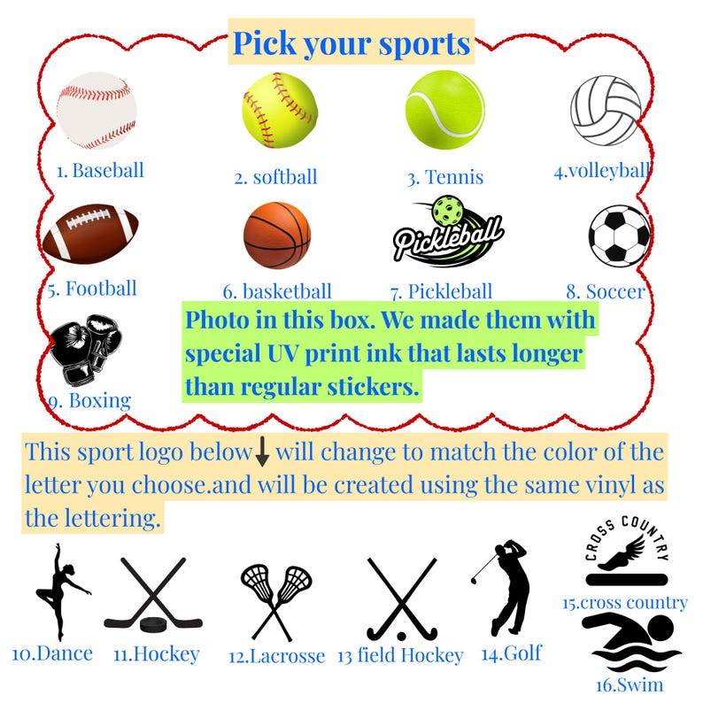 Pode incluir: Um gr&aacute;fico tem&aacute;tico de esportes com dezesseis &iacute;cones numerados, incluindo beisebol, softbol, bola de t&ecirc;nis, v&ocirc;lei, futebol americano, basquete, pickleball, futebol, luvas de boxe, dan&ccedil;a, h&oacute;quei, lacrosse, h&oacute;quei em campo, golfe, cross country e nata&ccedil;&atilde;o.