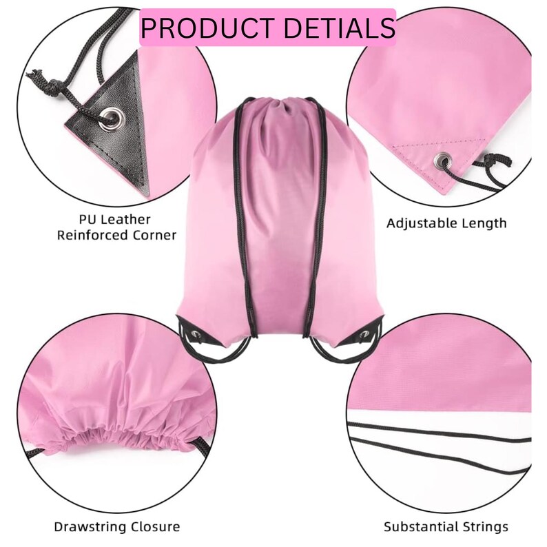 Pode incluir: Uma mochila de cord&atilde;o rosa claro com cordas pretas e cantos refor&ccedil;ados em couro PU preto. A bolsa inclui fecho de cord&atilde;o, comprimento ajust&aacute;vel e cordas resistentes. O texto diz PRODUCT DETIALS, PU Leather Reinforced Corner, Adjustable Length, Drawstring Closure e Substantial Strings.