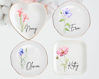 Vide-poche personnalisé fleur de naissance, porte-bijoux prénom personnalisé, porte-bague fleur, cadeau de demoiselle d'honneur, cadeau d'anniversaire pour elle, idée cadeau mariage