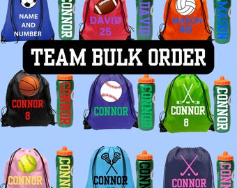 May include: A collection of drawstring bags and plastic water bottles featuring various sports graphics, names, and numbers. The text TEAM BULK ORDER is displayed prominently in the center. Each item is customized with different colors and sports icons.