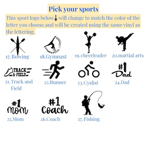 Pode incluir: Uma cole&ccedil;&atilde;o de adesivos de vinil preto com temas esportivos e familiares, numerados de 17 a 27. Os &iacute;cones incluem remo, gin&aacute;stica, l&iacute;deres de torcida, artes marciais, atletismo, corrida, ciclismo, pesca e r&oacute;tulos para Dad, Mom e Coach.