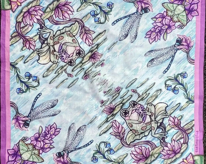 Frog & Moth Bandana - 100% Cotton cute, lilipad, Cottagecore, mermaidcore, Fairycore, Rosy Maple Moth, Scarf, Tapestry, gift, summer